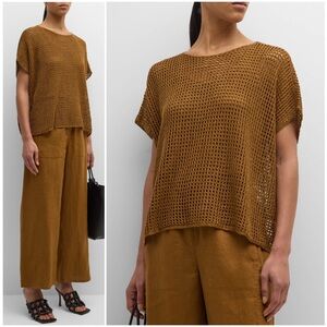 EILEEN FISHER NWT XL Organic Linen Delave Bateau Neck Top in Bronze Open Stitch